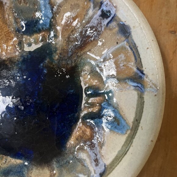 Dakota Stoneware Pottery Bushnell SD Artsy Plate 8”blue Brown Cream - Picture 3 of 6